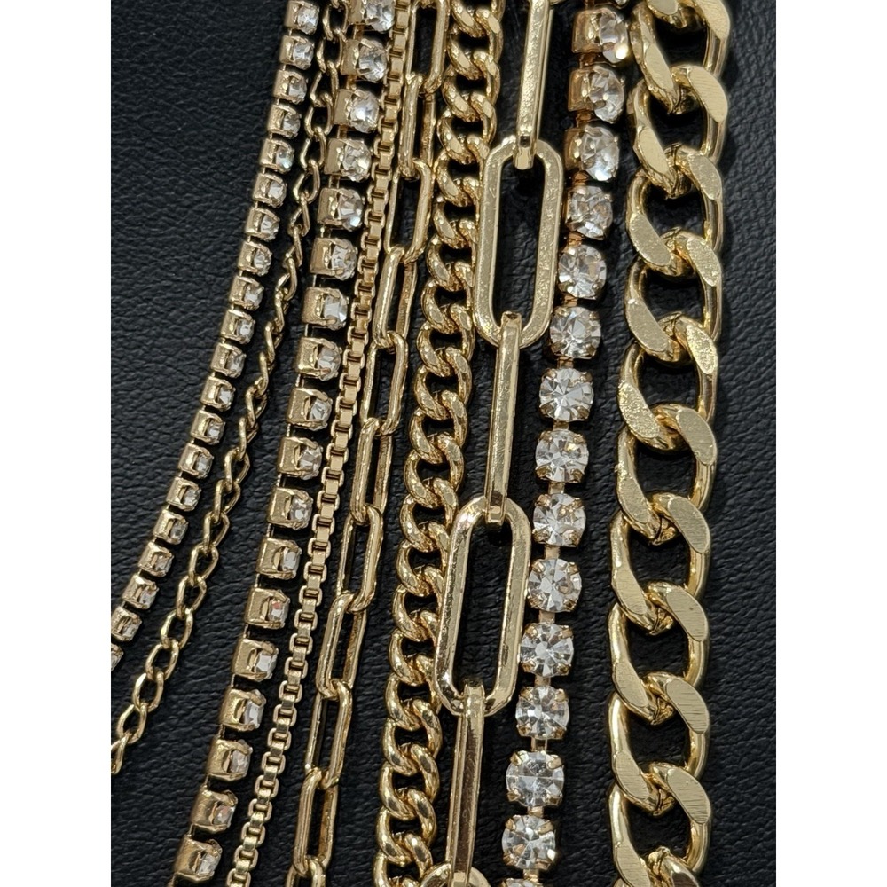 Gold Tone Multi Strand Layered Chain Necklace Rhinestone Statement 24" - Picture 10 of 11